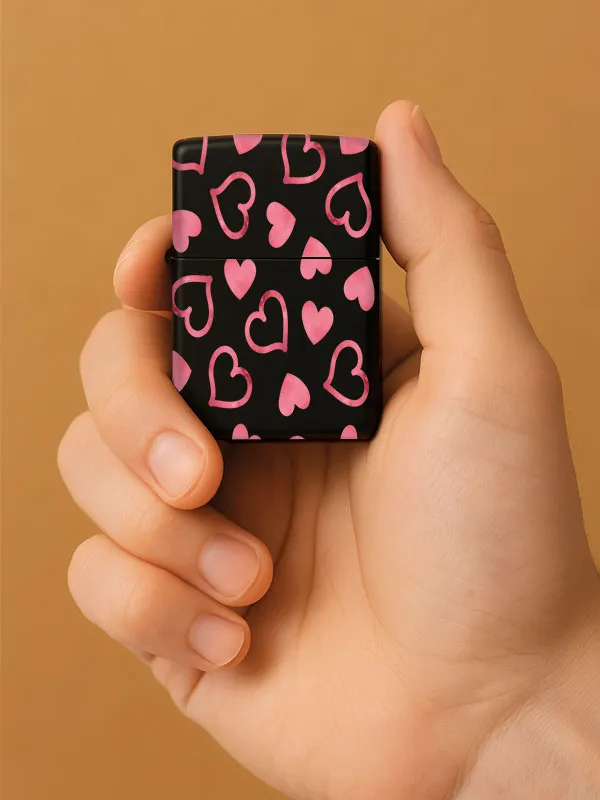 Gölgeli Kalpler-Baskılı Benzinli Metal Siyah Çakmak