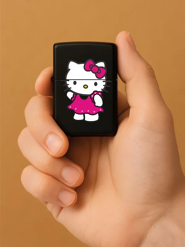 Kitty-Baskılı Benzinli Metal Siyah Çakmak